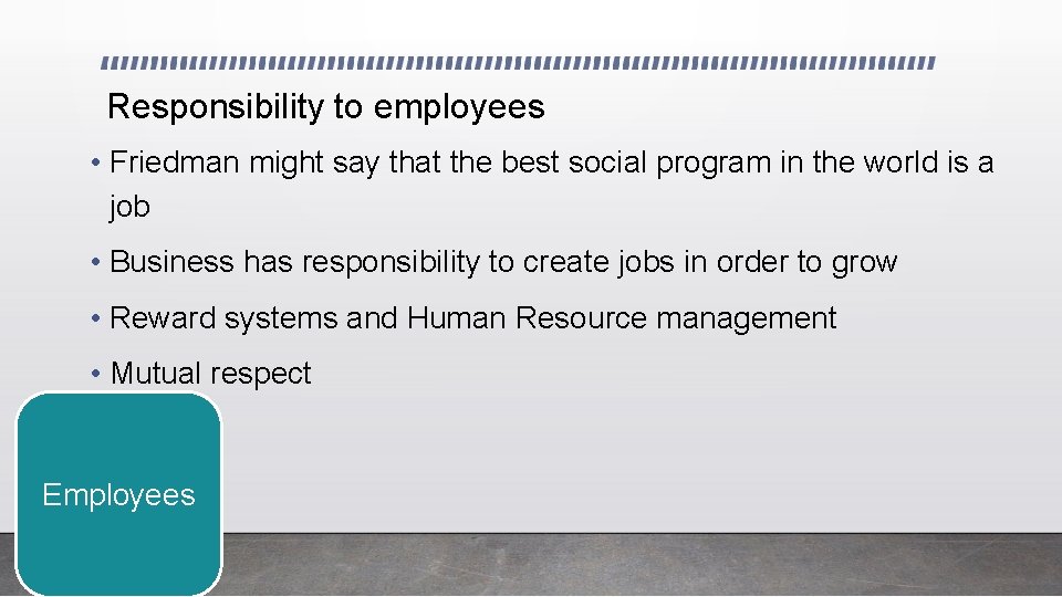 Responsibility to employees • Friedman might say that the best social program in the