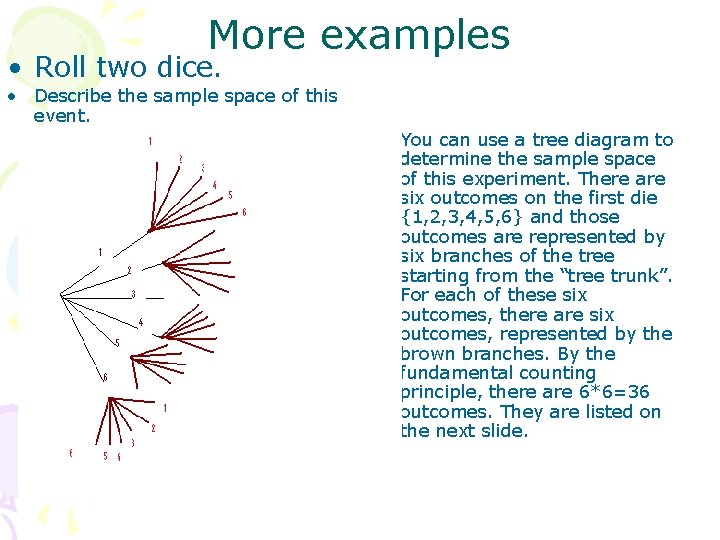 More examples • Roll two dice. • Describe the sample space of this event.