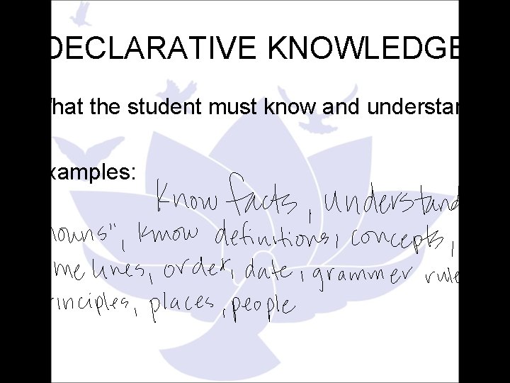 DECLARATIVE KNOWLEDGE What the student must know and understand. Examples: 