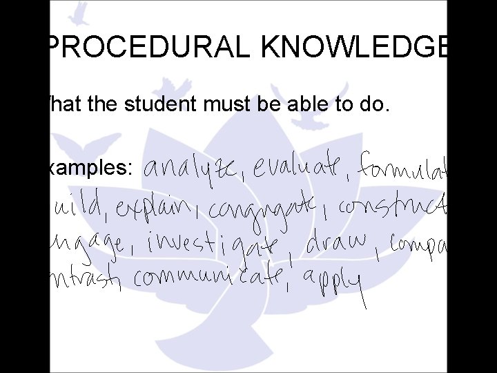 PROCEDURAL KNOWLEDGE What the student must be able to do. Examples: 