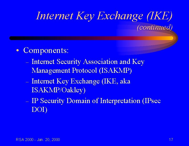 Internet Key Exchange (IKE) (continued) • Components: – – – Internet Security Association and