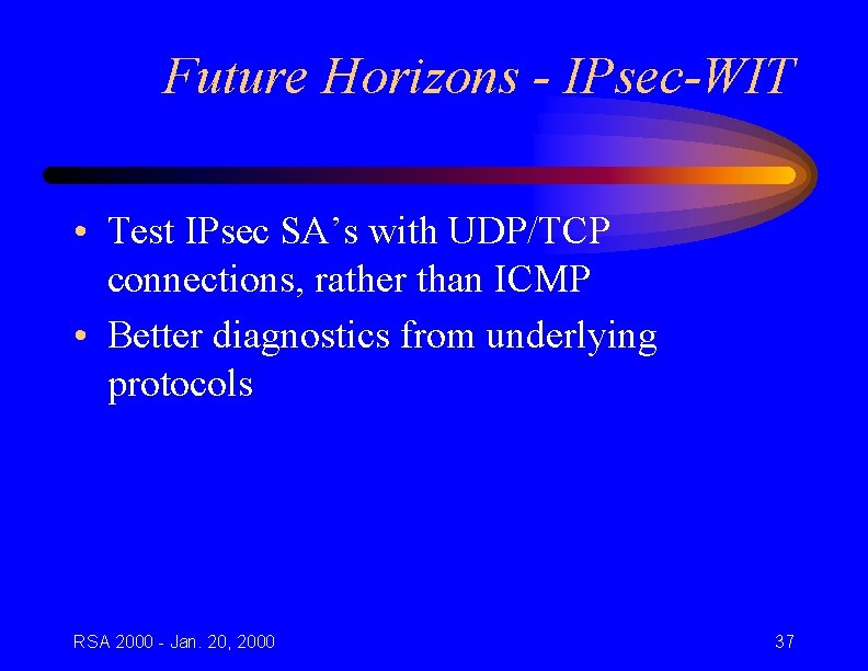 Future Horizons - IPsec-WIT • Test IPsec SA’s with UDP/TCP connections, rather than ICMP