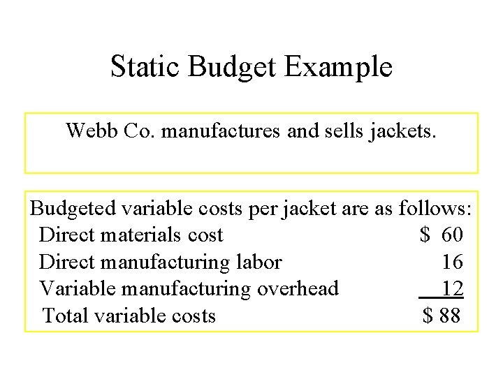 Static Budget Example Webb Co. manufactures and sells jackets. Budgeted variable costs per jacket