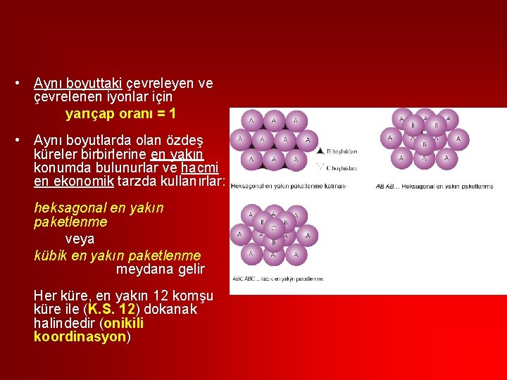  • Aynı boyuttaki çevreleyen ve çevrelenen iyonlar için yarıçap oranı = 1 •