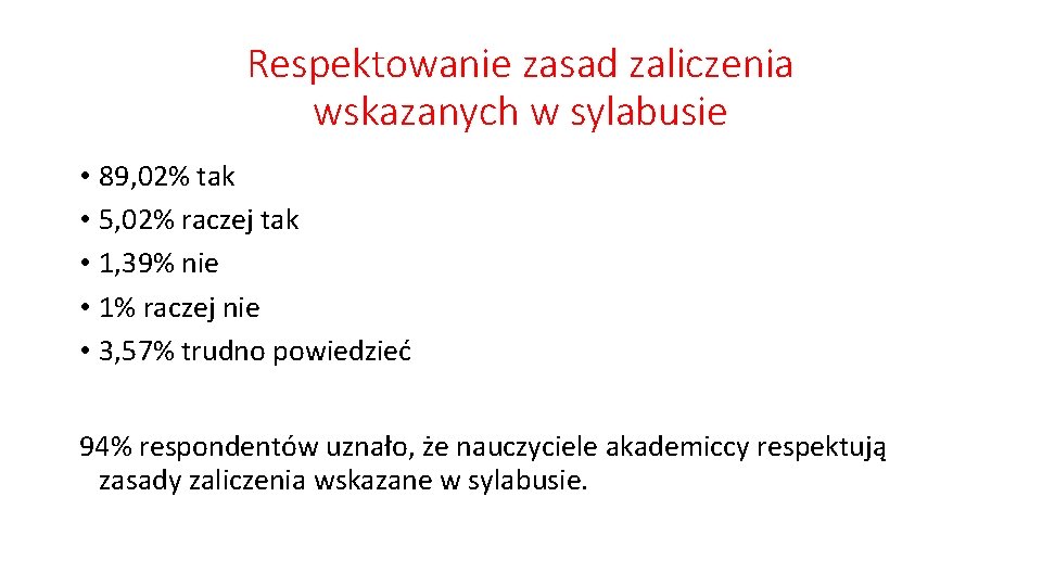 Respektowanie zasad zaliczenia wskazanych w sylabusie • 89, 02% tak • 5, 02% raczej