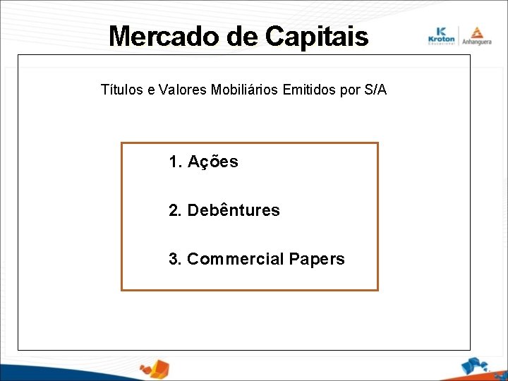 Mercado de Capitais Títulos e Valores Mobiliários Emitidos por S/A 1. Ações 2. Debêntures