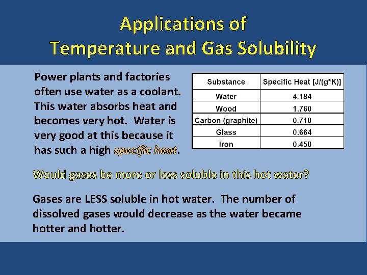 Applications of Temperature and Gas Solubility Power plants and factories often use water as