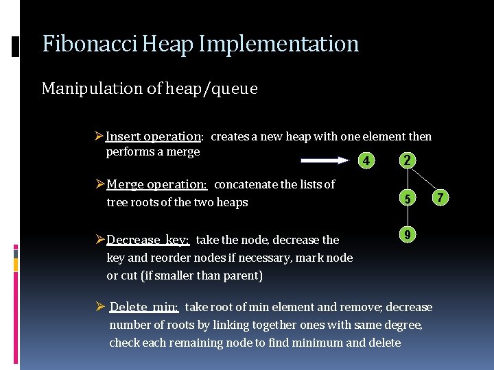 Fibonacci Heap Implementation Manipulation of heap/queue ØInsert operation: creates a new heap with one