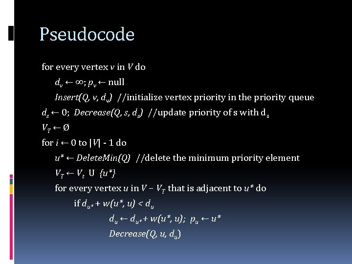 Pseudocode for every vertex v in V do dv ← ∞; pv ← null
