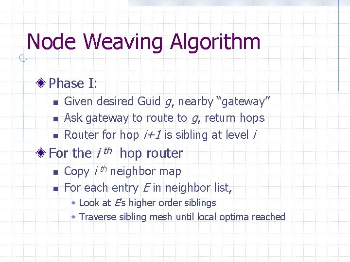 Node Weaving Algorithm Phase I: n n n Given desired Guid g, nearby “gateway” Node Weaving Algorithm Phase I: n n n Given desired Guid g, nearby “gateway”