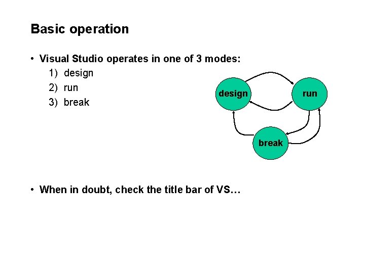 Basic operation • Visual Studio operates in one of 3 modes: 1) design 2) Basic operation • Visual Studio operates in one of 3 modes: 1) design 2)