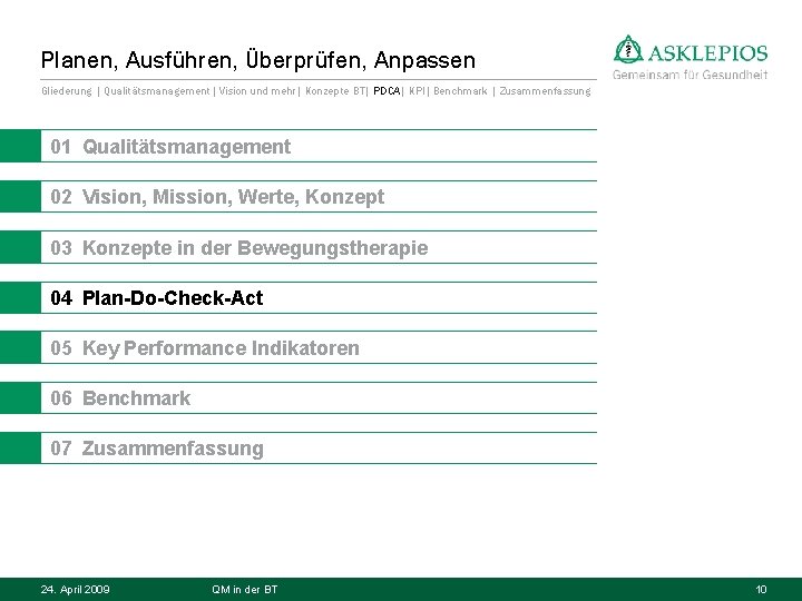 Planen, Ausführen, Überprüfen, Anpassen Gliederung | Qualitätsmanagement| Vision und mehr| Konzepte BT| PDCA| KPI|