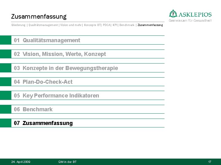 Zusammenfassung Gliederung | Qualitätsmanagement| Vision und mehr| Konzepte BT| PDCA| KPI| Benchmark | Zusammenfassung