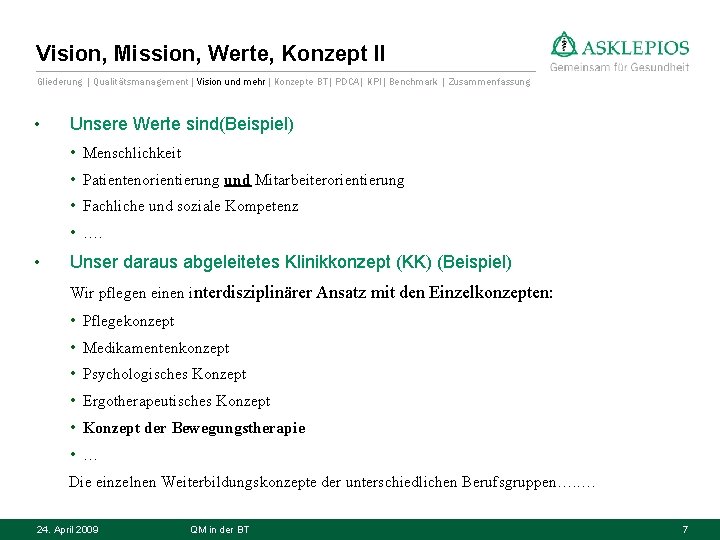 Vision, Mission, Werte, Konzept II Gliederung | Qualitätsmanagement| Vision und mehr| Konzepte BT| PDCA|