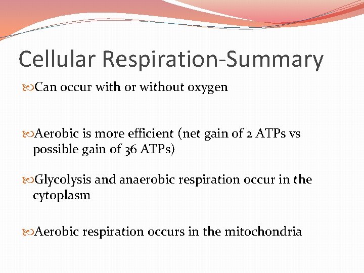Cellular Respiration-Summary Can occur with or without oxygen Aerobic is more efficient (net gain