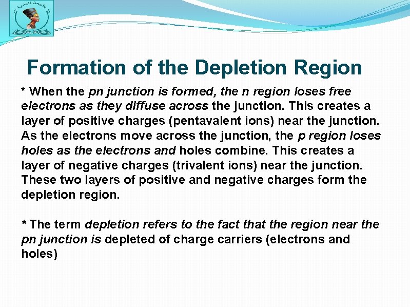 Formation of the Depletion Region * When the pn junction is formed, the n