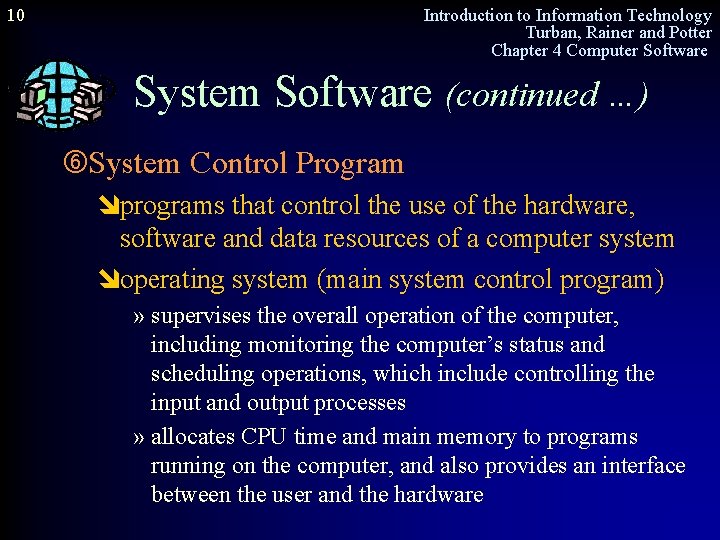 10 Introduction to Information Technology Turban, Rainer and Potter Chapter 4 Computer Software System