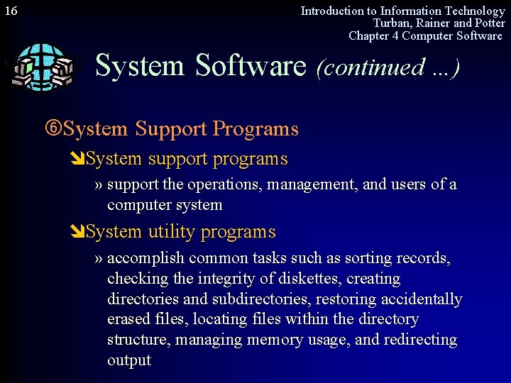 16 Introduction to Information Technology Turban, Rainer and Potter Chapter 4 Computer Software System