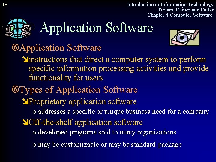 18 Introduction to Information Technology Turban, Rainer and Potter Chapter 4 Computer Software Application