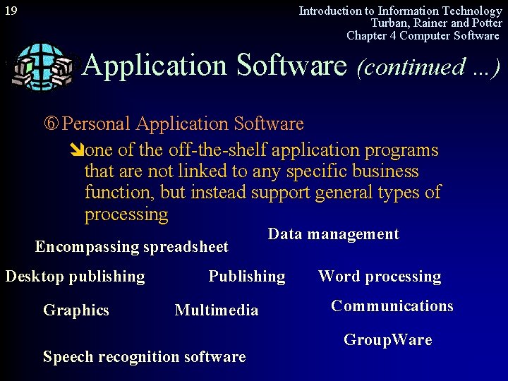 19 Introduction to Information Technology Turban, Rainer and Potter Chapter 4 Computer Software Application