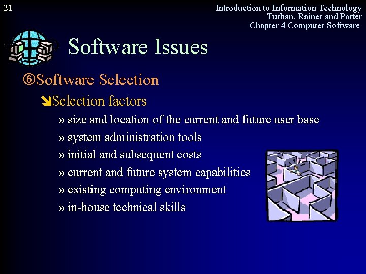 21 Introduction to Information Technology Turban, Rainer and Potter Chapter 4 Computer Software Issues