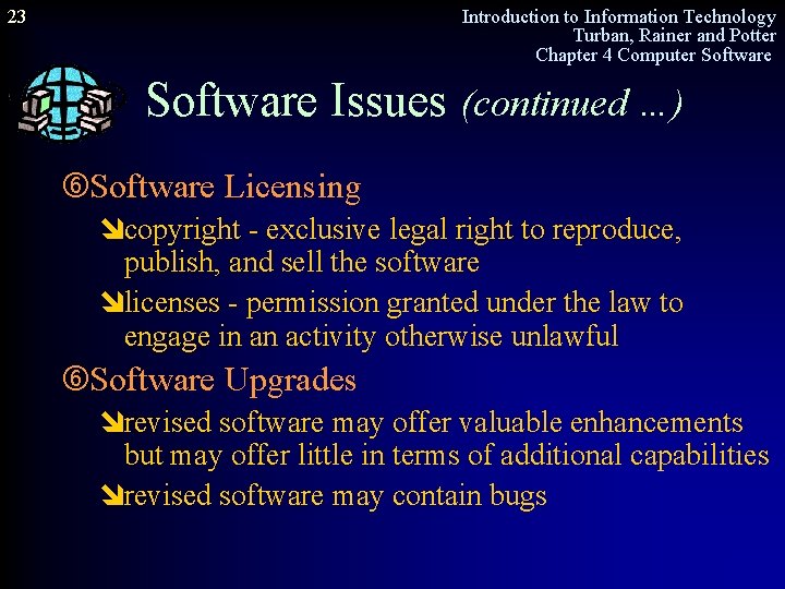 23 Introduction to Information Technology Turban, Rainer and Potter Chapter 4 Computer Software Issues