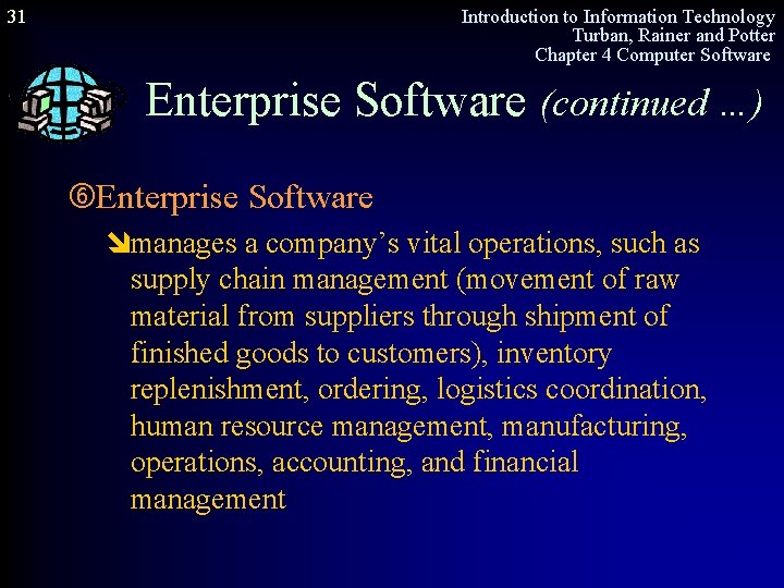 31 Introduction to Information Technology Turban, Rainer and Potter Chapter 4 Computer Software Enterprise
