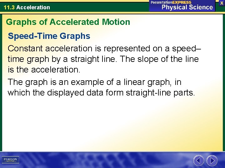 11. 3 Acceleration Graphs of Accelerated Motion Speed-Time Graphs Constant acceleration is represented on