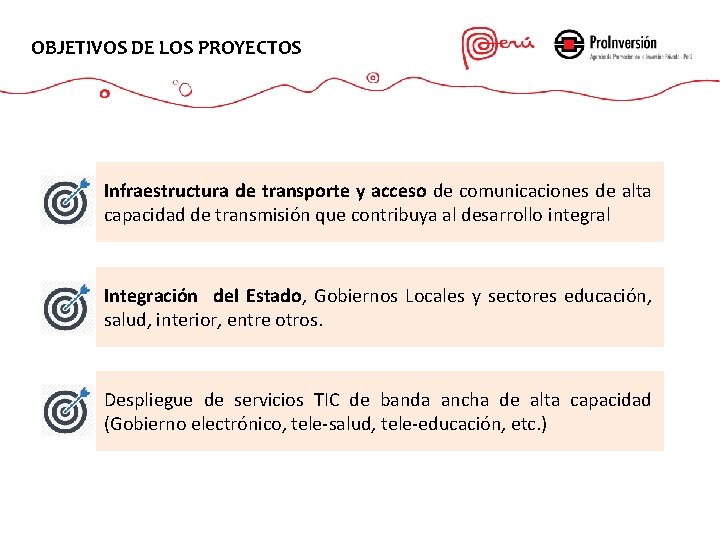 OBJETIVOS DE LOS PROYECTOS Infraestructura de transporte y acceso de comunicaciones de alta capacidad