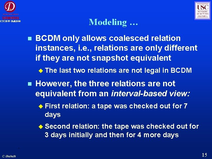 Modeling … CSCI 599 -Fall 2000 BCDM only allows coalesced relation instances, i. e. Modeling … CSCI 599 -Fall 2000 BCDM only allows coalesced relation instances, i. e.