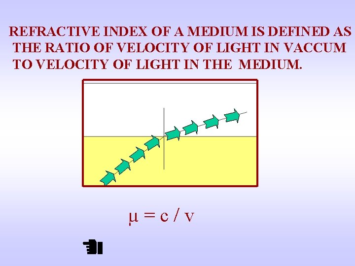 REFRACTIVE INDEX OF A MEDIUM IS DEFINED AS THE RATIO OF VELOCITY OF LIGHT