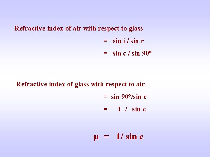 Refractive index of air with respect to glass = sin i / sin r