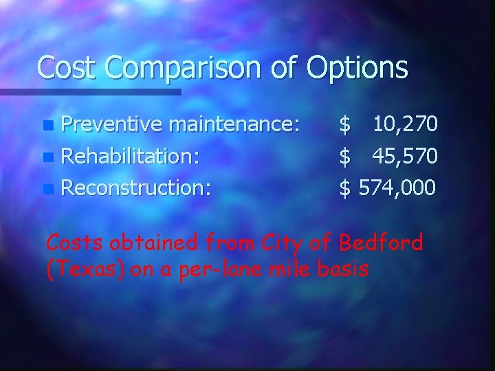 Cost Comparison of Options Preventive maintenance: n Rehabilitation: n Reconstruction: n $ 10, 270