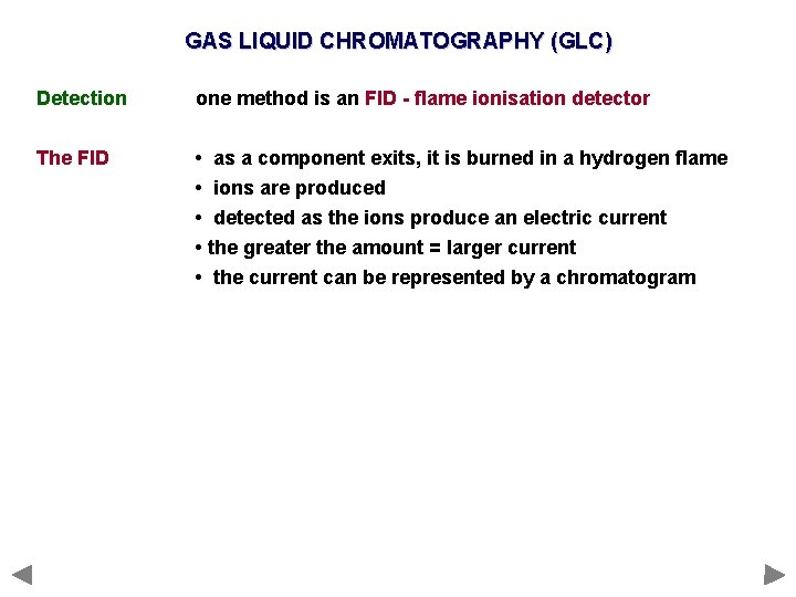 GAS LIQUID CHROMATOGRAPHY (GLC) Detection one method is an FID - flame ionisation detector