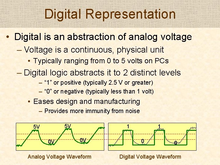 Digital Representation • Digital is an abstraction of analog voltage – Voltage is a Digital Representation • Digital is an abstraction of analog voltage – Voltage is a
