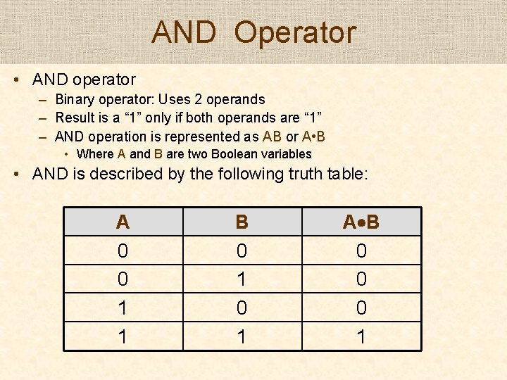 AND Operator • AND operator – Binary operator: Uses 2 operands – Result is AND Operator • AND operator – Binary operator: Uses 2 operands – Result is