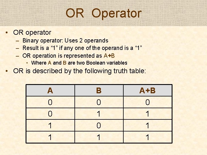 OR Operator • OR operator – Binary operator: Uses 2 operands – Result is OR Operator • OR operator – Binary operator: Uses 2 operands – Result is