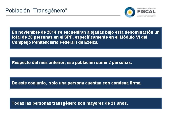 Población “Transgénero” En noviembre de 2014 se encuentran alojadas bajo esta denominación un total