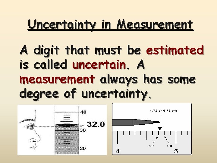 Uncertainty in Measurement A digit that must be estimated is called uncertain. A measurement