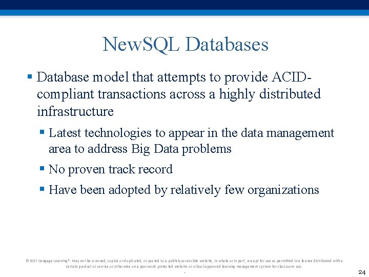 New. SQL Databases § Database model that attempts to provide ACIDcompliant transactions across a