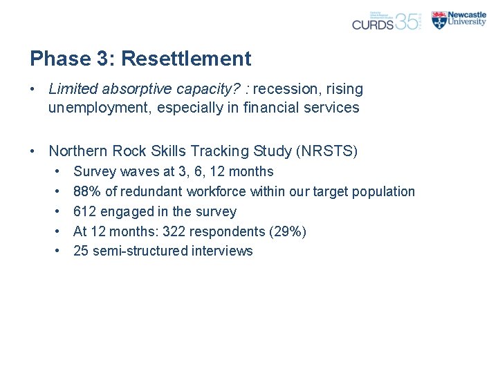 Phase 3: Resettlement • Limited absorptive capacity? : recession, rising unemployment, especially in financial