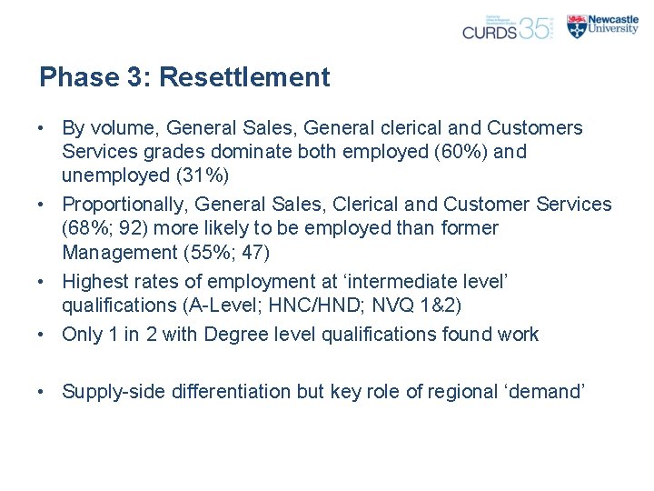 Phase 3: Resettlement • By volume, General Sales, General clerical and Customers Services grades