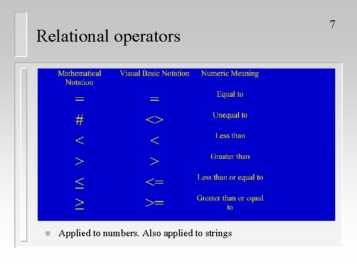 Relational operators n Applied to numbers. Also applied to strings 7 