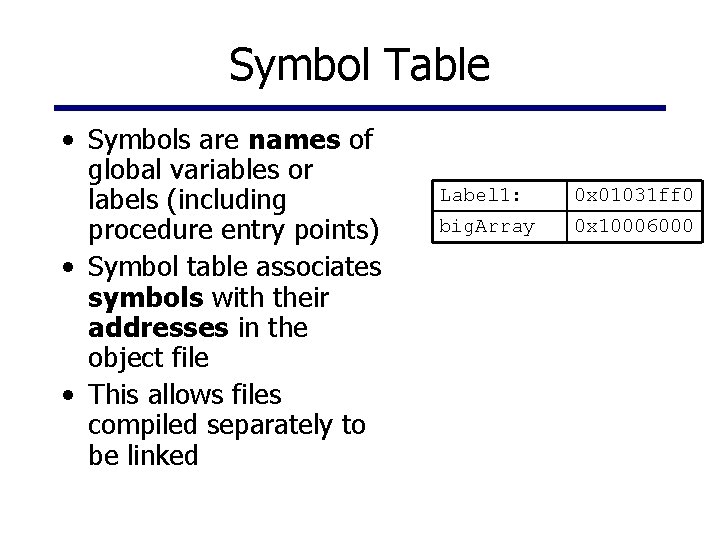 Symbol Table • Symbols are names of global variables or labels (including procedure entry