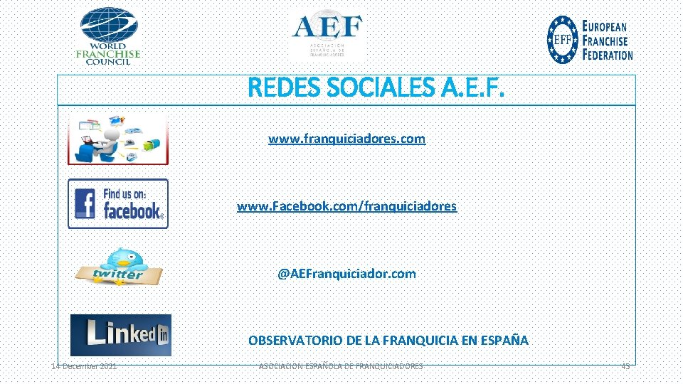 REDES SOCIALES A. E. F. www. franquiciadores. com www. Facebook. com/franquiciadores @AEFranquiciador. com OBSERVATORIO