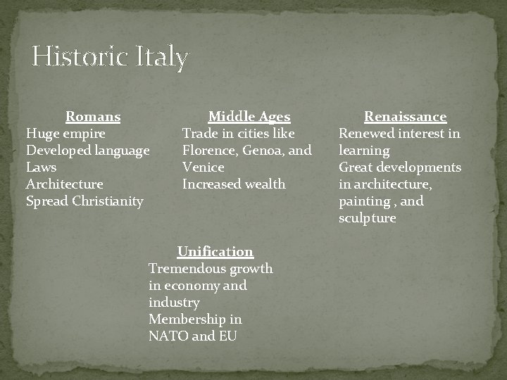 Historic Italy Romans Huge empire Developed language Laws Architecture Spread Christianity Middle Ages Trade