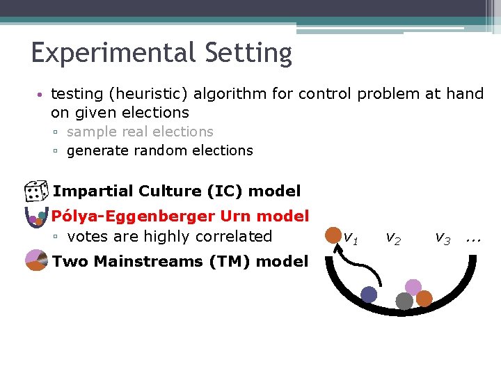 Experimental Setting • testing (heuristic) algorithm for control problem at hand on given elections