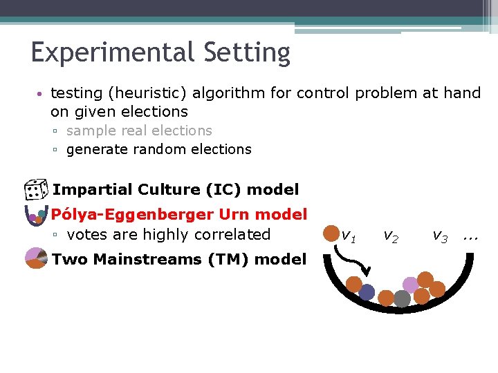 Experimental Setting • testing (heuristic) algorithm for control problem at hand on given elections