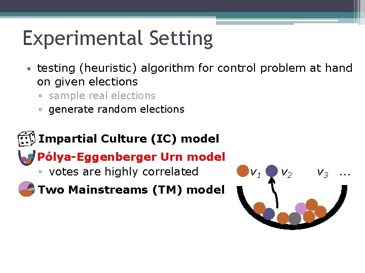 Experimental Setting • testing (heuristic) algorithm for control problem at hand on given elections