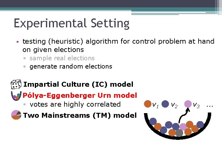 Experimental Setting • testing (heuristic) algorithm for control problem at hand on given elections